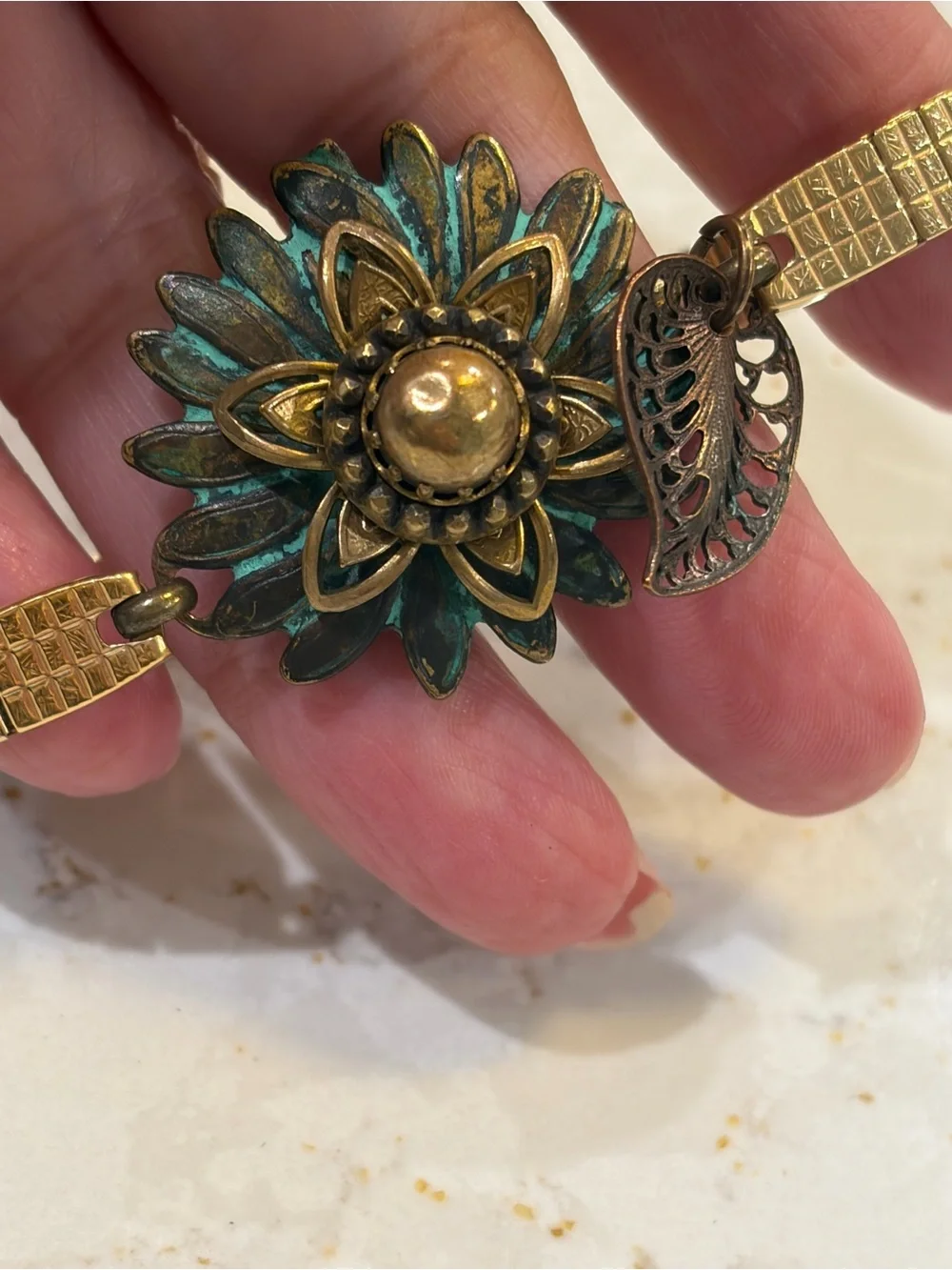 Antique Gold Floral Bracelet with Turquoise Patina Accents